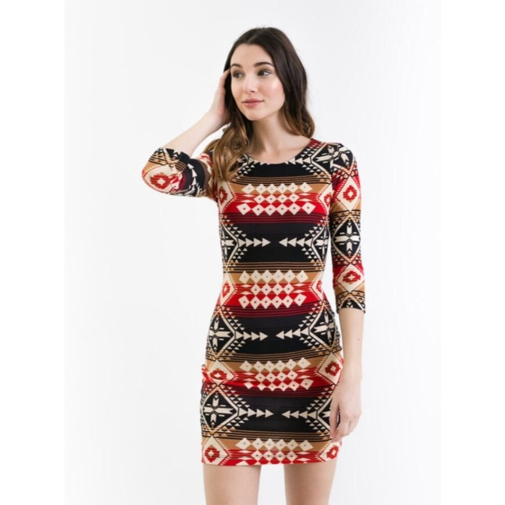 Baileyblue Aztec Print Bodycon Dress 3/4 Sleeves stretchy fall winter medium